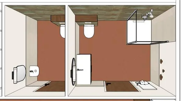 Vue A WC & salle de bains — Espace professionnel : conception et réalisation d’un laboratoire de prothèse dentaire — Nolwenn Kevell