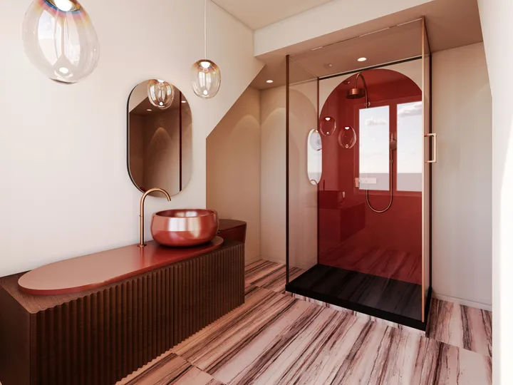 Vue 3D d’une salle de bains imaginée par le studio
